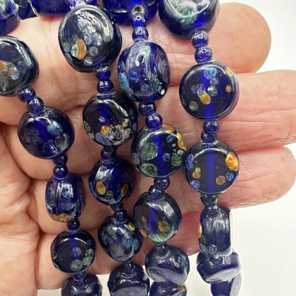 Art Glass Necklace Cobalt Blue Speckled Pressed Disc Style and Seed Beads 20" - Picture 10 of 10